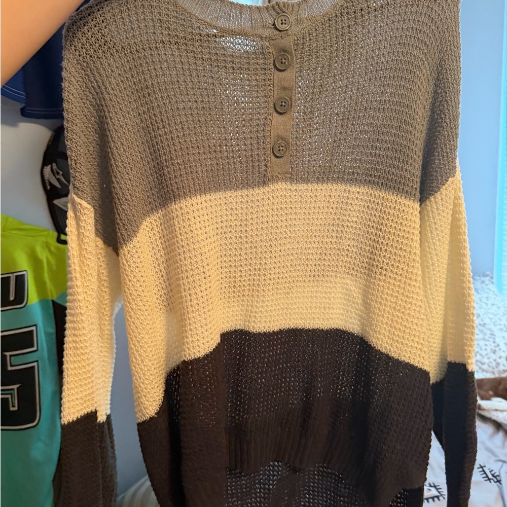 American Eagle Outfitters Striped Knit Sweater - Gray, Cream, Brown